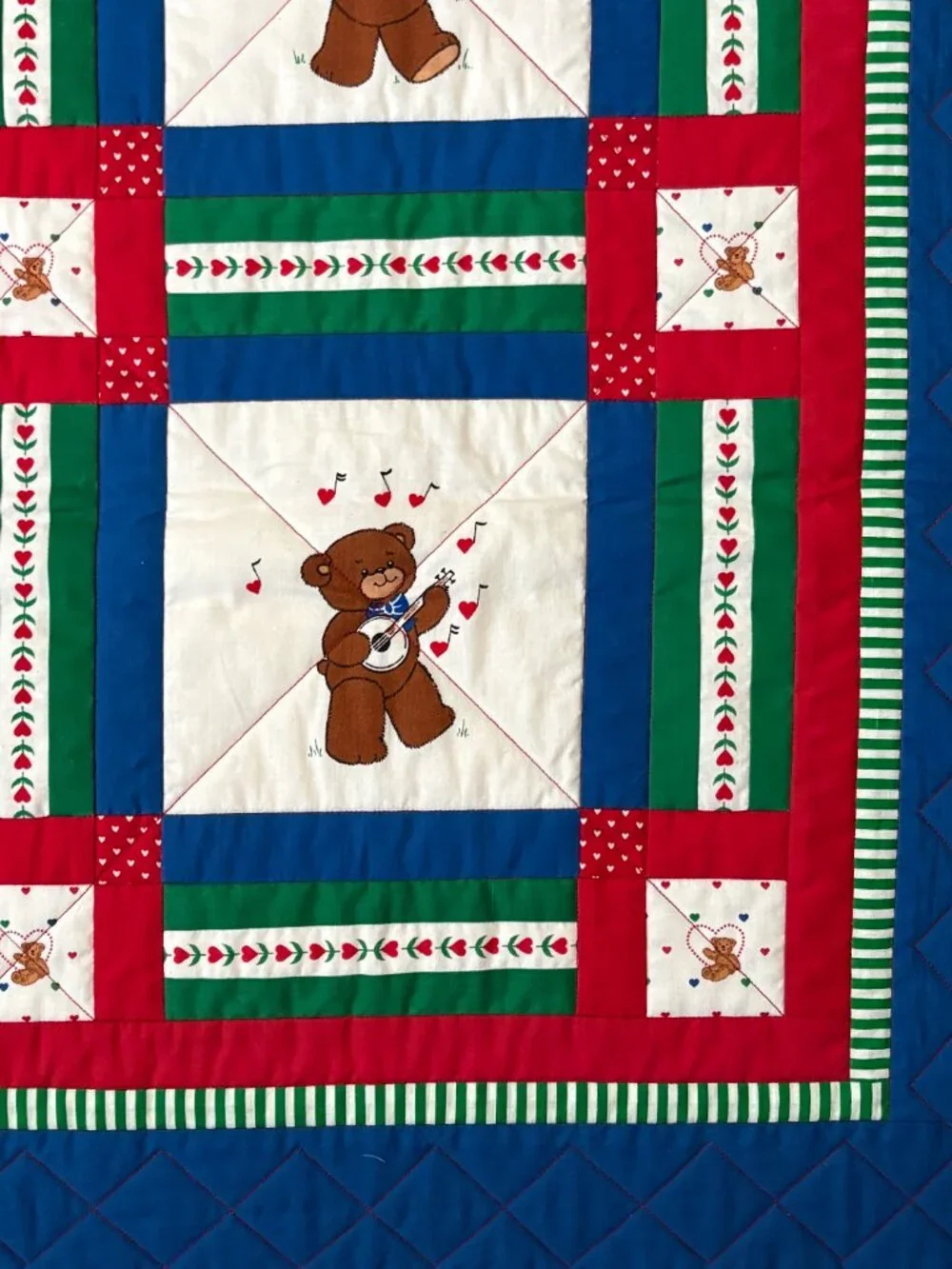 Handmade Quilted Throw Teddy Bear Heart Valentine Squares Cornerstones Nursery